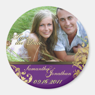 Save the Date Purple & Gold Shimmer Floral Magnet