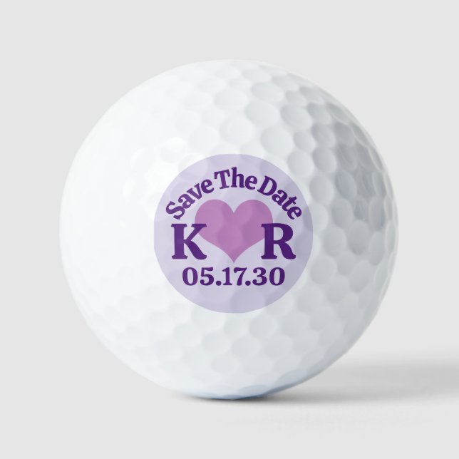 SAVE THE DATE Purple Heart And Monogram Initials Golf Balls (Front)