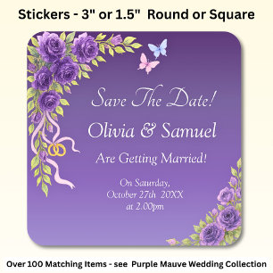 Save The Date -Purple Mauve Flowers & White Square Sticker