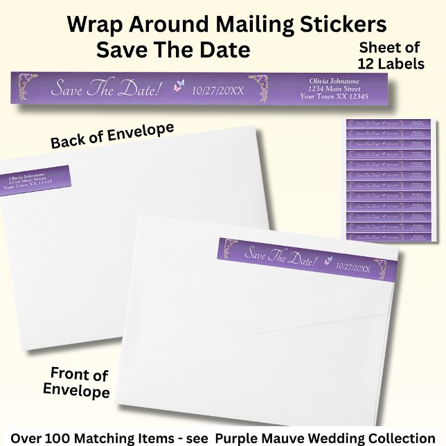 Save The Date, Purple Mauve Flowers & White Wrap Around Label (Creator Uploaded)