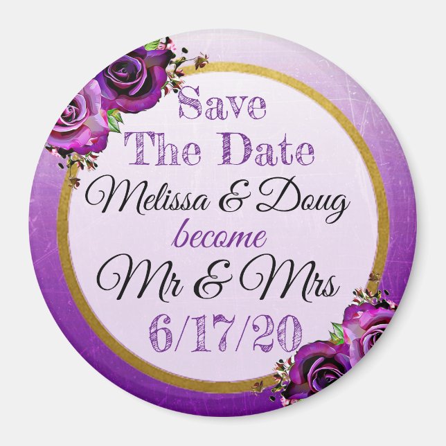 Save the Date Purple Roses Wedding Magnet (Front)