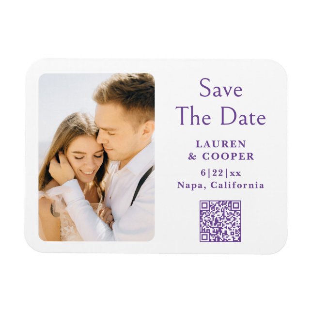 Save The Date Purple White Stylish Modern Wedding Magnet (Horizontal)