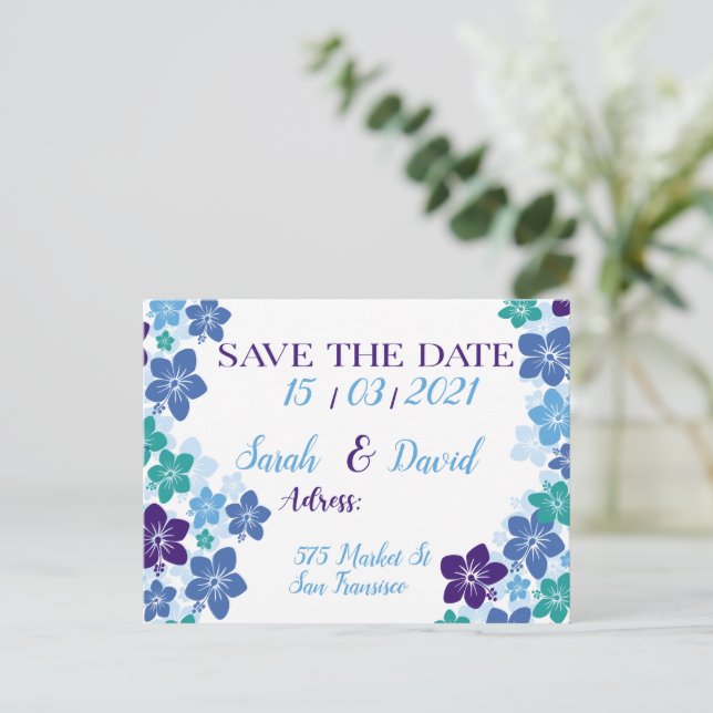 Save the date purpple blue design for wedding announcement postcard (Standing Front)
