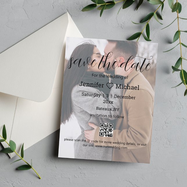  save the date qr code couple photo wedding chic announcement postcard (Creator Uploaded)