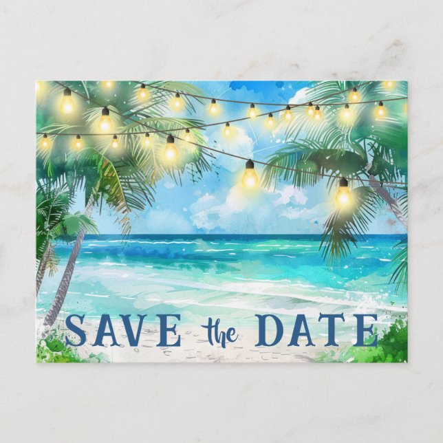 Save The Date QR Code Tropical Beach Announcement Postcard (Front)