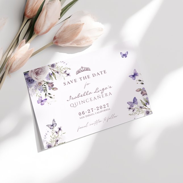 Save The Date Quinceañera Purple Butterfly Floral Invitation (Creator Uploaded)