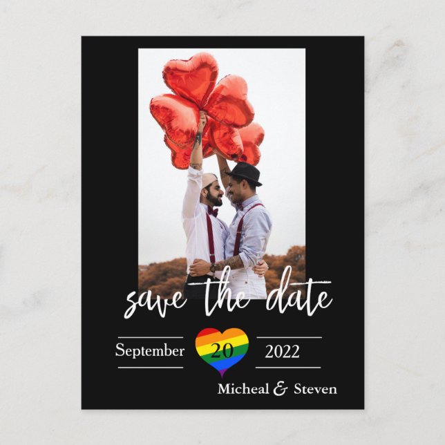 Save the Date Rainbow Heart Photo  Announcement Postcard (Front)