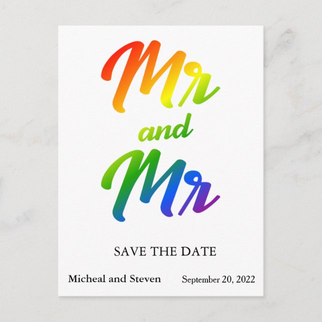 Save the Date Rainbow Mr and Mr  Announcement Postcard (Front)