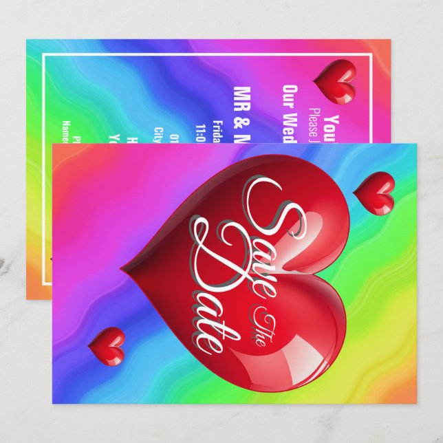 Save The Date Rainbow Wedding Red 3 Hearts Invitation (Front/Back)
