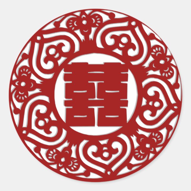 save the date red double happiness wedding classic round sticker (Front)