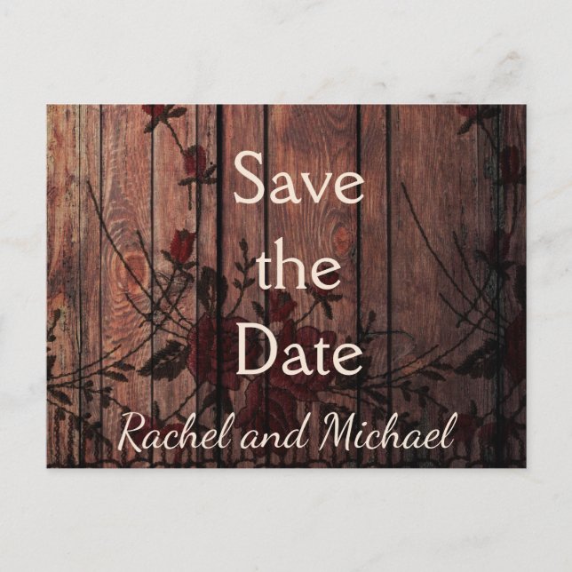 Save the Date Red Faux Lace and Wood Announcement Postcard (Front)
