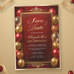 Save the Date Red Gold 50th Birthday Invitation