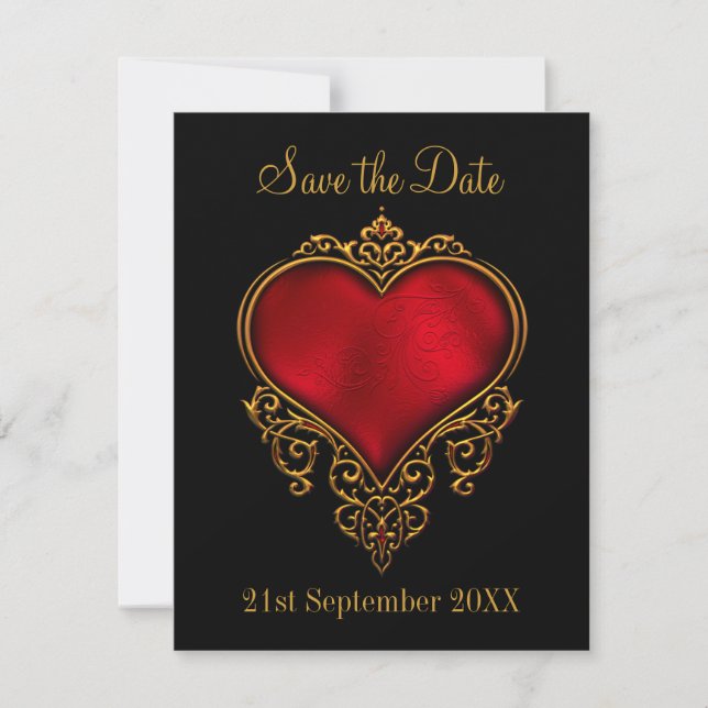Save the Date Red Gold Heart  Black (Front)