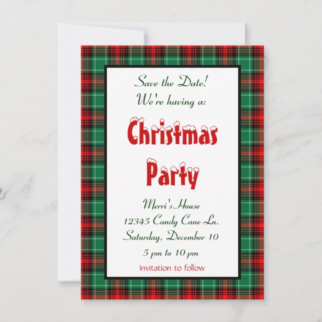 Save the Date Red Green Plaid Editable Announcement (Front)