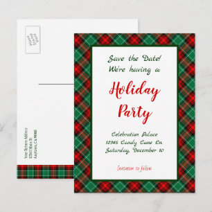 Save the Date Red Green Plaid Editable Postcard
