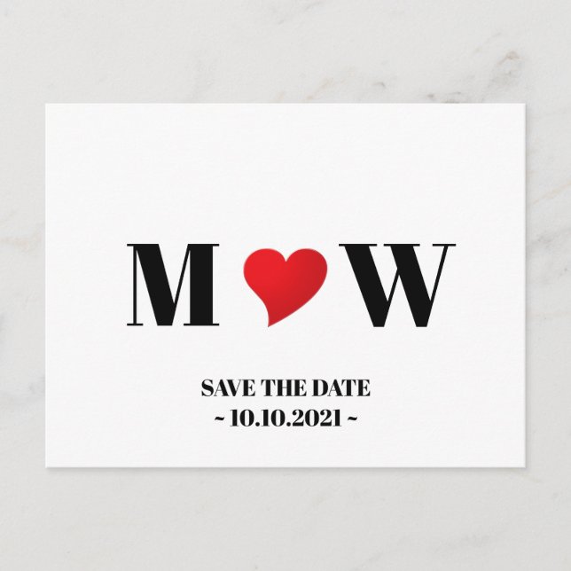 Save the date red heart custom couple monogram announcement postcard (Front)