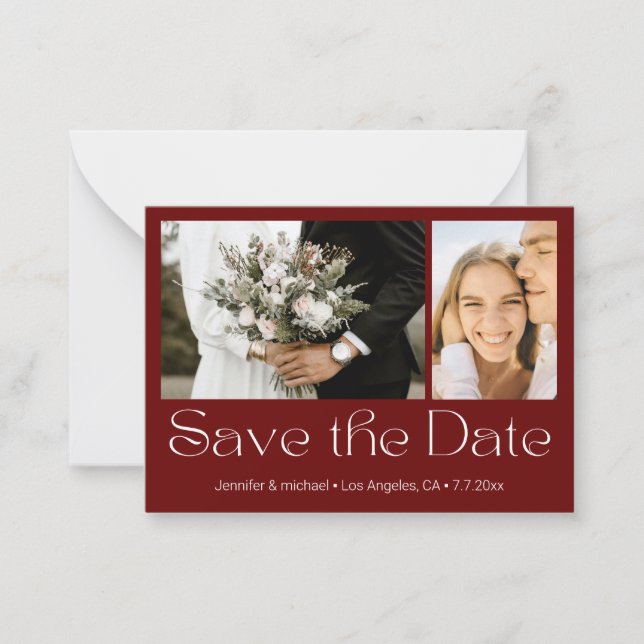 save the date red white 2 photos collage wedding  card (Front)