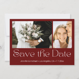 save the date red white 2 photos collage wedding card