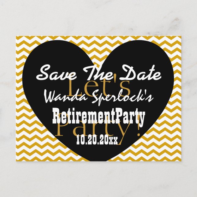 Save the Date RETIREMENT PARTY Gold Black Heart V3 Announcement Postcard (Front)