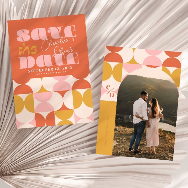 Save the Date, Retro, arch photo, 70's pink Save The Date (Front and back of Warm retro Wedding Save the Date Card shown on a boho foliage background)