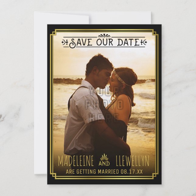 Save the Date Retro Black Gold Deco Wedding Photo (Front)