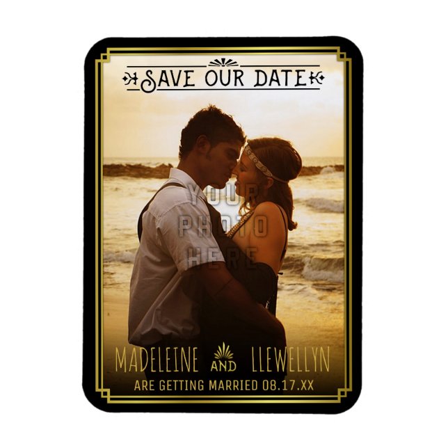 Save the Date Retro Black Gold Deco Wedding Photo Magnet (Vertical)