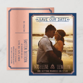 Save the Date Retro Rose Gold Deco Wedding Photo Announcement Postcard