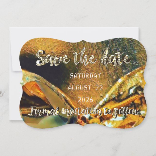 Save The Date Ribbon Gold Script Wedding Party (Front)