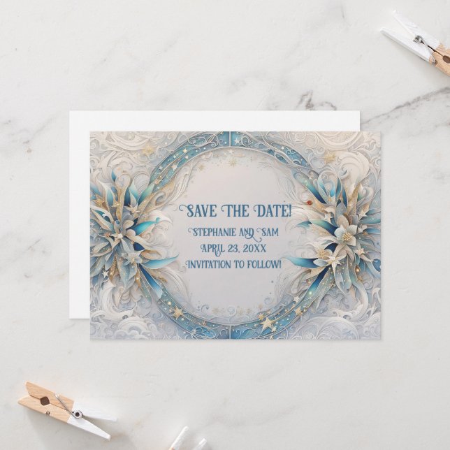 Save the Date Romantic Art Deco Inspired Wreath Invitation (Front/Back In Situ)