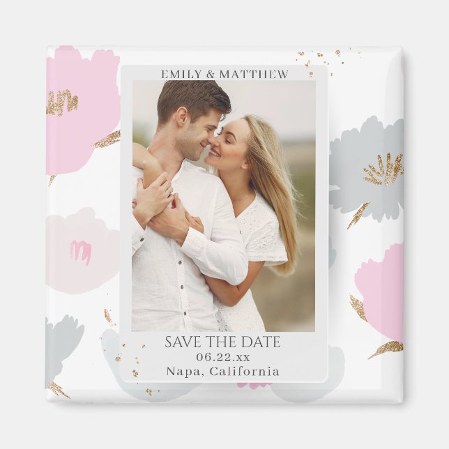 Save The Date Romantic Couple Glitter Floral Photo Magnet (Front)