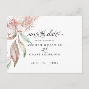 SAVE THE DATE Rose Coral Watercolor Foliage Postcard