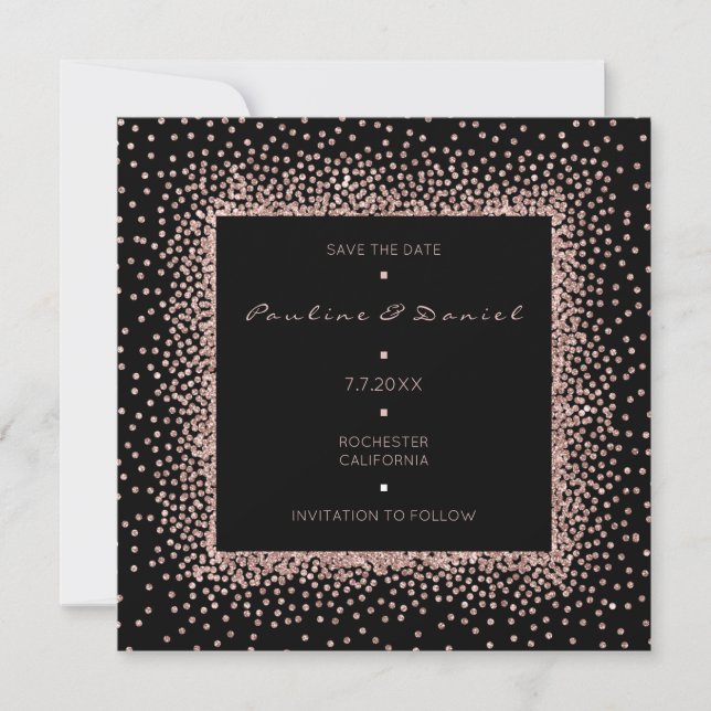 Save The Date Rose Gold Black Glitter Monogram Lux (Front)