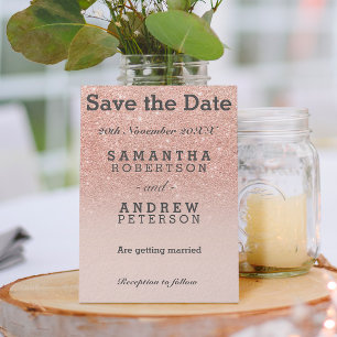 Save the Date rose gold faux glitter pink ombre Announcement Postcard
