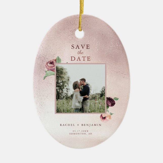 Save the Date Rose Gold Glitter Floral Pink Photo  Ceramic Ornament (Front)