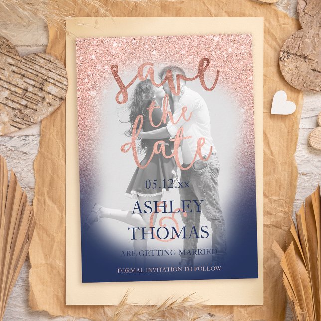 Save the Date rose gold glitter navy script photo Announcement Postcard (Creator Uploaded)