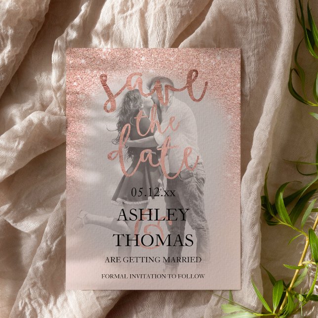 Save the Date rose gold glitter script photo Announcement Postcard (Creator Uploaded)