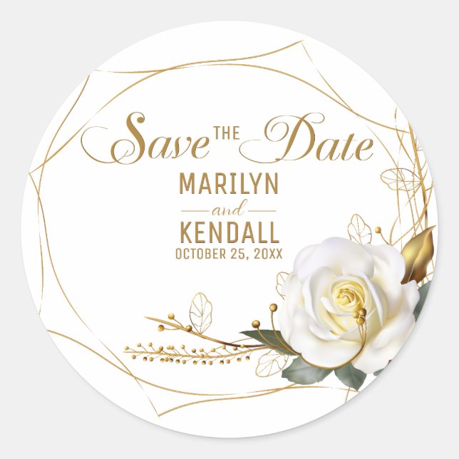 Save the Date Rose Gold Wedding  Classic Round Sticker (Front)