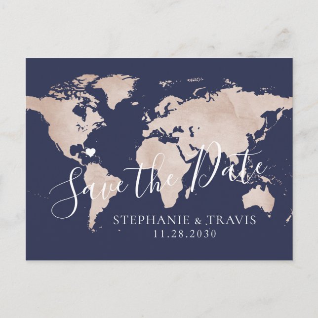 Save the Date Rose Gold World Map Save the Date Announcement Postcard (Front)