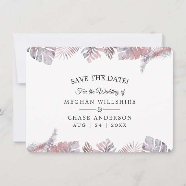 Save the Date Rose Mauve Watercolor Tropical Leave (Front)