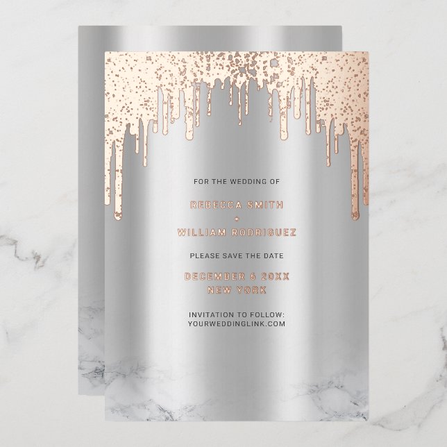 Save The Date Rosegold Glitter Drips Silver Foil Holiday Card (Front/Back)
