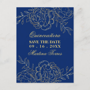Save the Date Royal Blue and Gold Fine Art Floral Announcement Postcard
