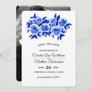 Save the Date Royal Blue Floral Photo Card