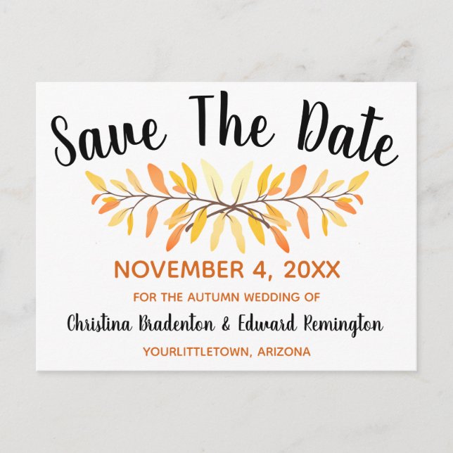 Save The Date Rustic Autumn Leaves Minimal Announcement Postcard (Front)