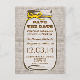 save the date rustic burlap mason jar announcement postcard