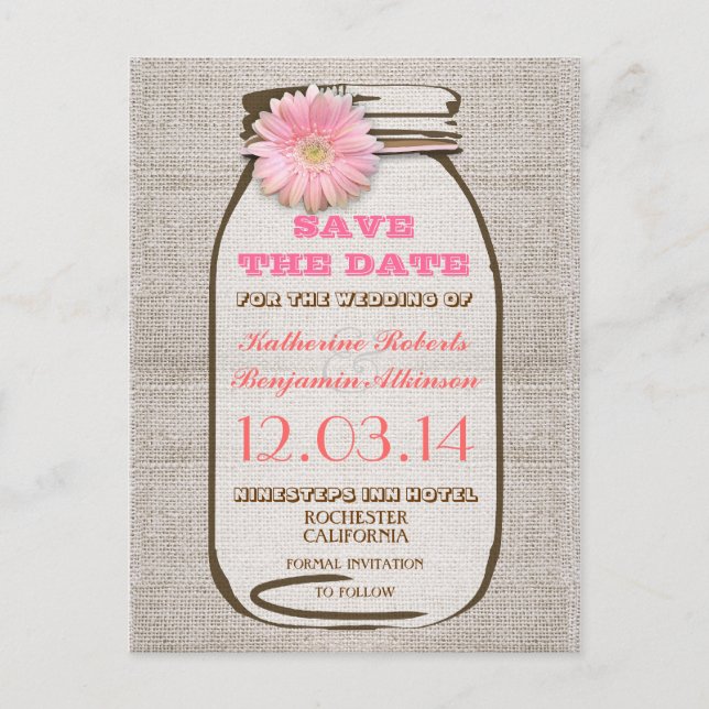 save the date rustic burlap mason jar pink gerbera announcement postcard (Front)