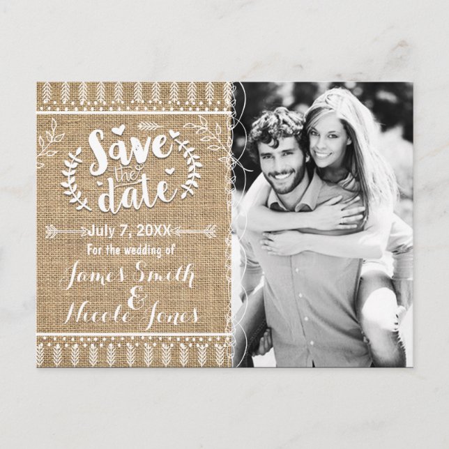 Save the Date Rustic Burlap Photo Invitation (Front)