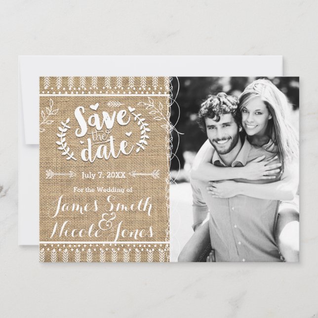 Save the Date Rustic Burlap Photo Invitation (Front)