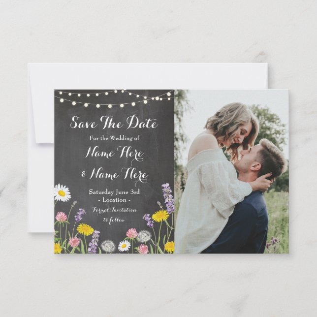 Save The Date Rustic Chalk Wild Flowers Invite (Front)