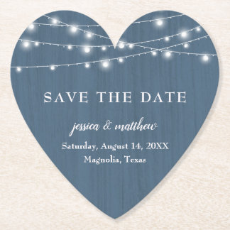 Save the Date Rustic Farmhouse Blue String Lights Paper Coaster