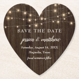 Save the Date Rustic Farmhouse String Lights Paper Coaster